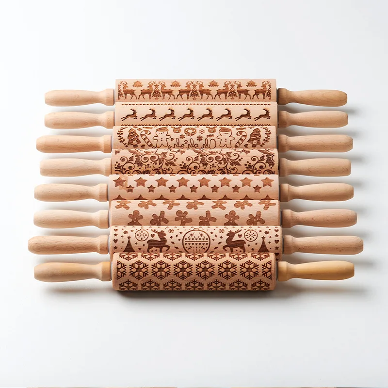 Wholesale Halloween Christmas Pastry Roller Embossed Mini Rolling Pin Kids French Wooden Rolling Pin Baking for Pastry Dumpling