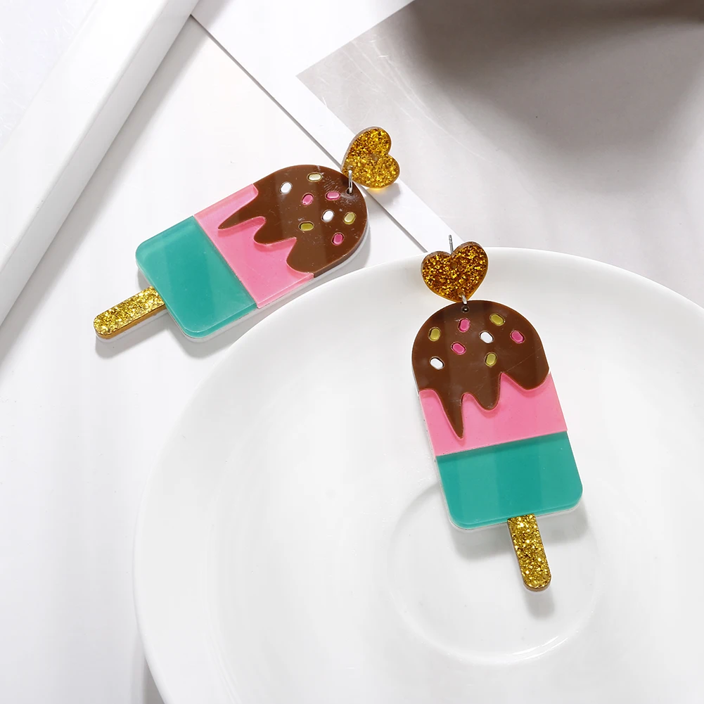 Cartoon Lovely Dessert Resin Earrings Gold Shiny Spot Ice Cream Shell Heart Pink Blue Chocolate Ice Sucker Acrylic Drop Earrings