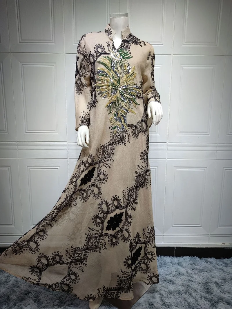 2022 Fall good order linen Embroidery bead casual wear abaya muslim dress for women dubai