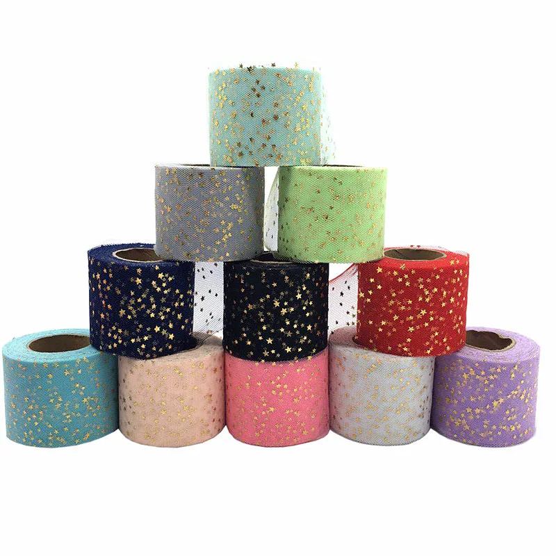 6CM Handmade DIY Material Gold Star Sequin Tulle Glitter Ribbon Rolls for Bow Accessories Wedding Decor