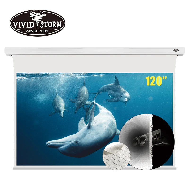 VIVIDSTORM 120 inch Slimline Electric drop down Perforate projector screen PVC white cinema screen material UHD Home Theater