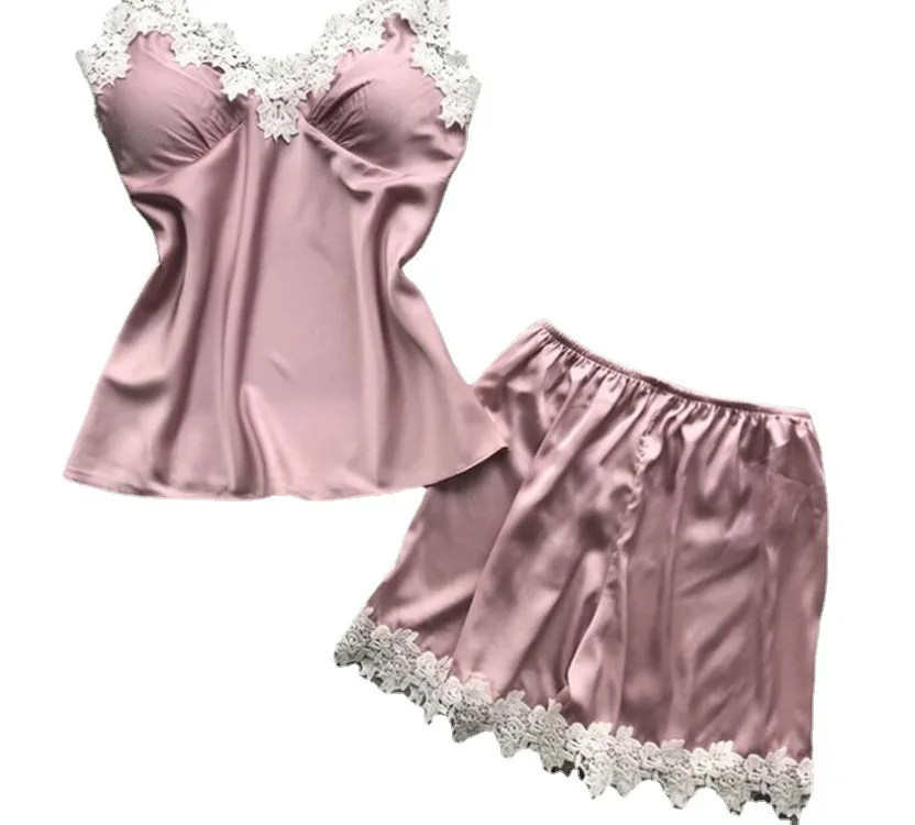 Wholesale New Fashion Deep V neck silk Pajama Summer Nighty Sleep Wear Women Sleepwear red Silk Shorts Pajamas For Ladies