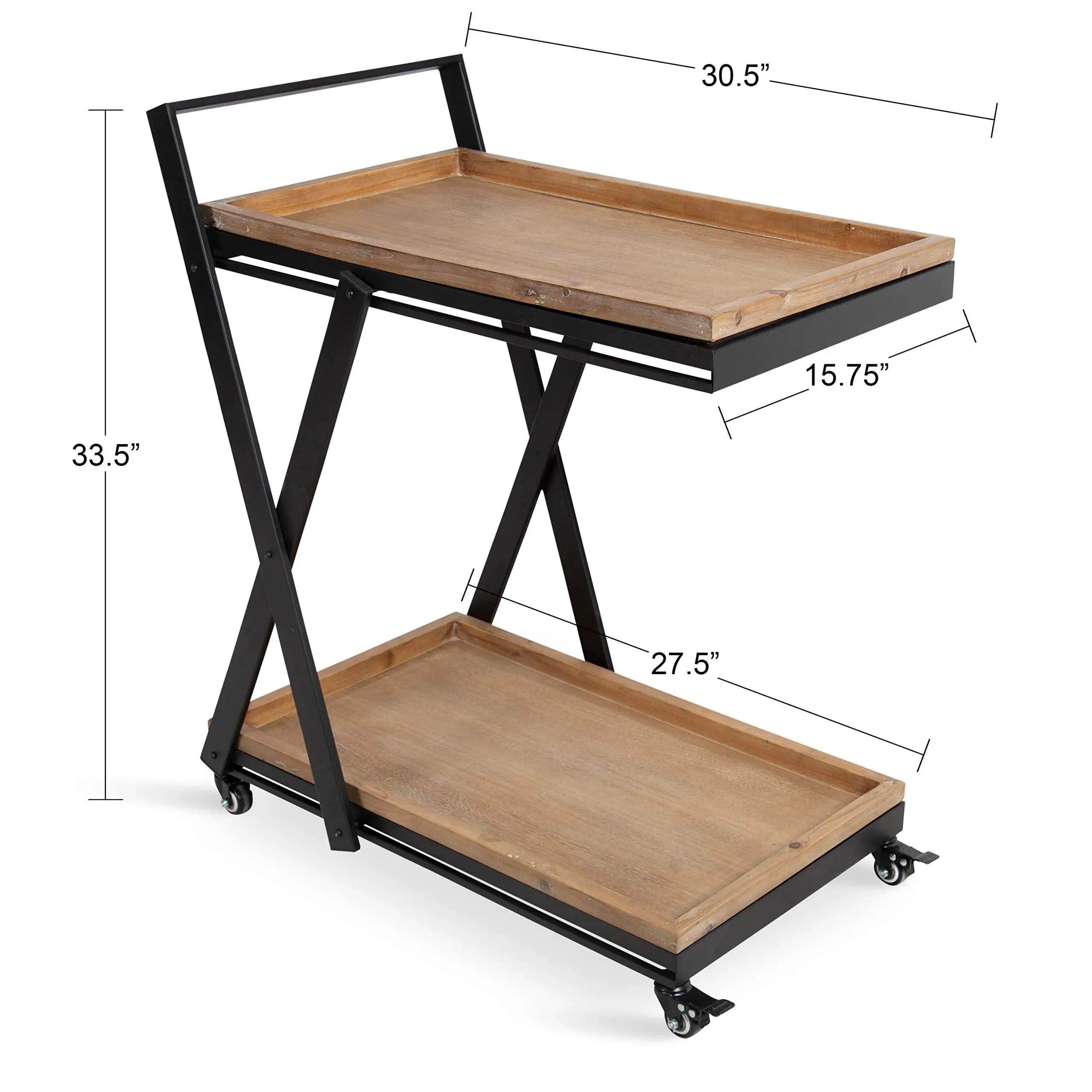 Kitchen Serving Trolley Hotel Cart Trolley Wooden Rolling 2-Tier Bar Cart in Black Finish Entertainment Cart,