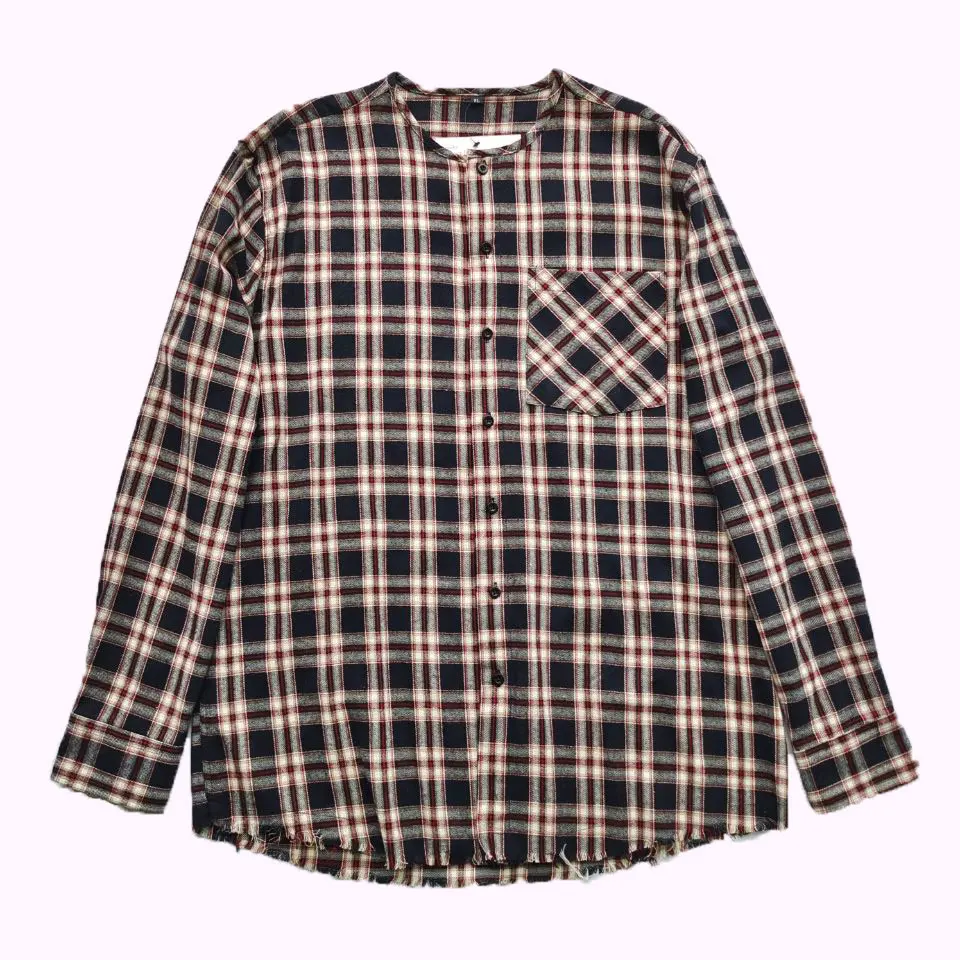 Spring autumn mandarin collar oversized full sleeve checked distressed flannel shirt for men