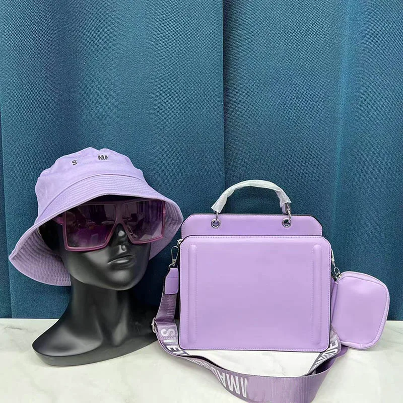 New Arrival 2024 Summer Beach Shopping Shoulder Purses And Handbags Glasses Hat Set Women Pu Leather Tote Bag With Shade Hat