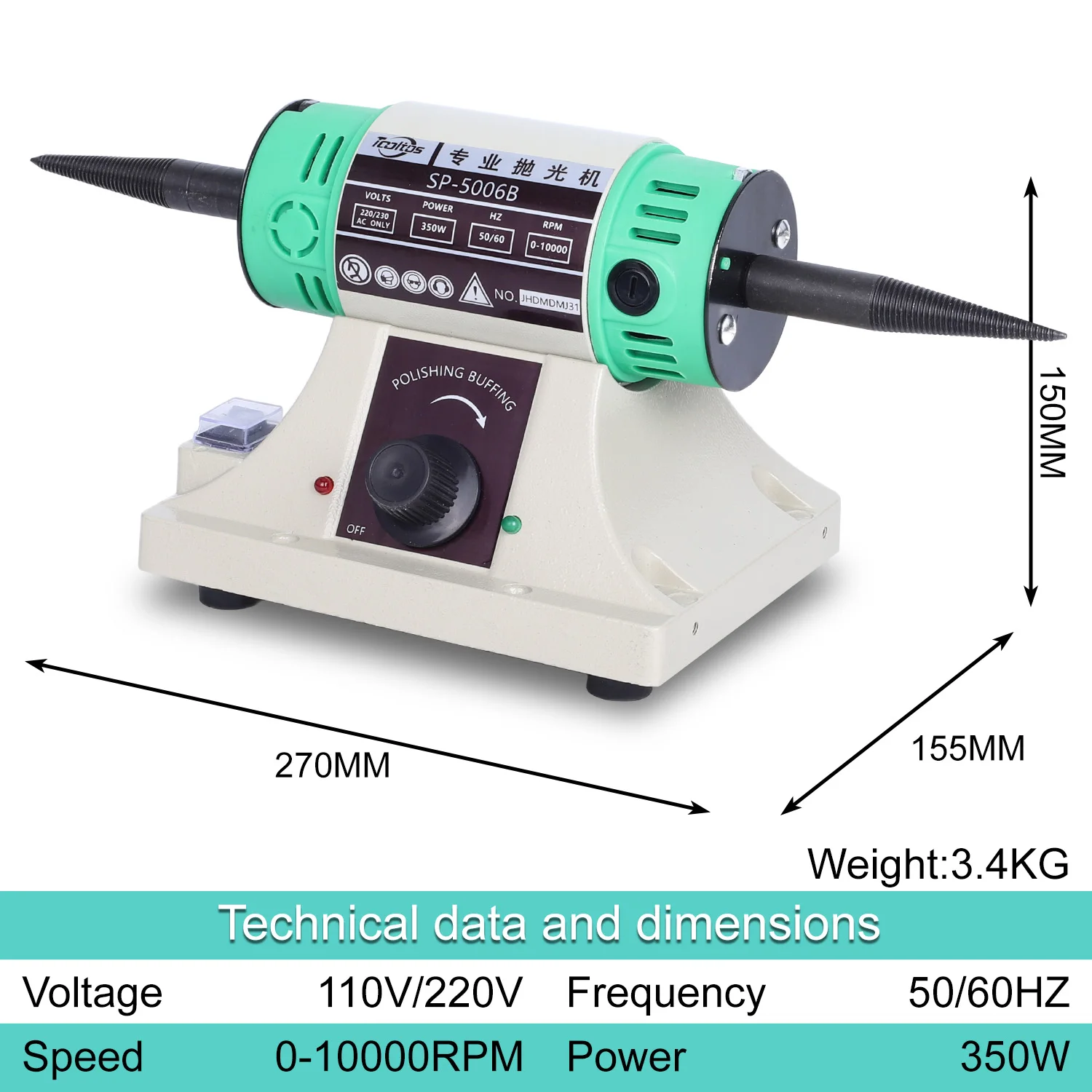Double Head Turbine 350W Mini Polisher Motor Multi-function Bench Buffing Machine Jewelry Grinding Machine 10000RPM 220V