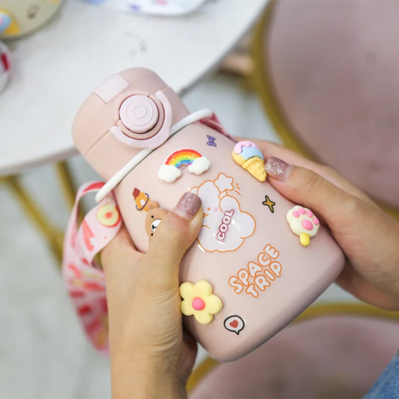 2021 Ins Stock Custom Large Capacity Drinking double wall Stainless Steel Kids Thermos Vacuum Flasks with Straw