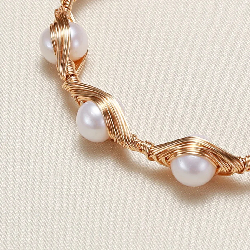 14K Gold Plating Pearl Bead Adjustable Cuff Opening Bracelet Imitate Fresh Water Pearl Dangle Jewelry