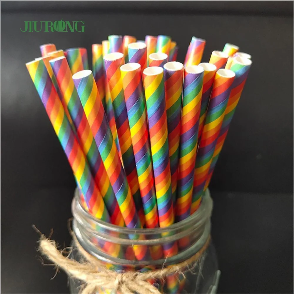 6*210mm 8*197mm Christmas Decoration Rainbow Paper Drinking Straws
