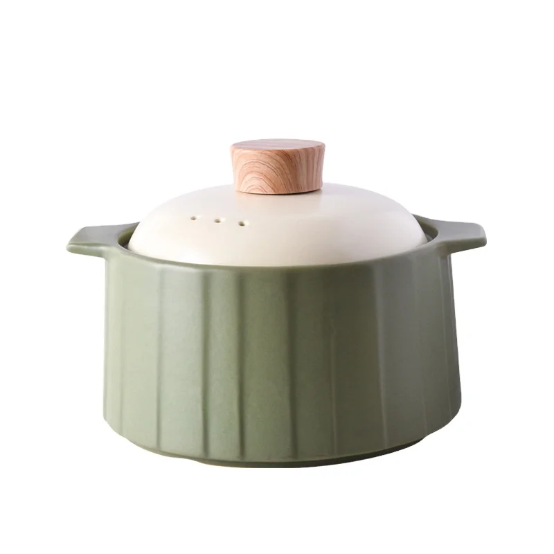 Household Wood Grain Handle Round Large Ceramic Casserole, Special Ceramic High Temperature Resistant Casserole for Gas Stove 4L