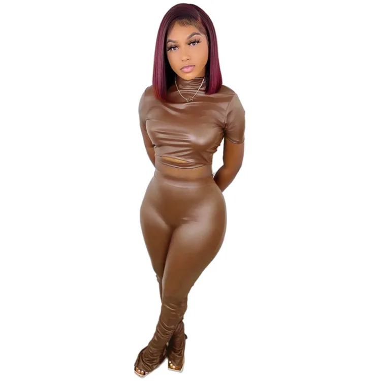 2025 Spring Autumn Sexy Pu Leather Outfits Long Sleeve Slim Tops Stacked Legging Pants Leather 2 Piece Set Women