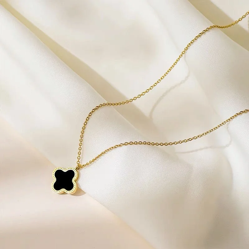 Double Sided Stainless Steel Fashion Jewelry Lucky 4 Leaf Clover Necklace for Women