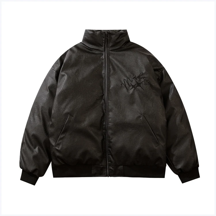 Oem Mens Retro Embroidery Coat Custom Logo Cotton-padded Jacket Pu Leather Jacket Men