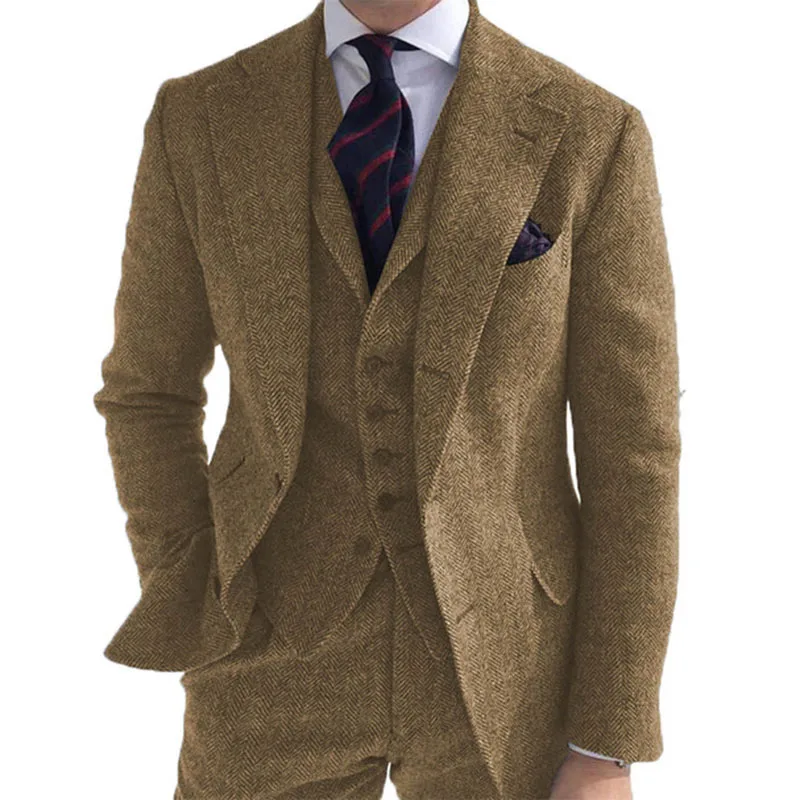 Dropship V-Neck Light Grey Coat Pant Men Suits 3 Pieces Gentleman Gents Suiting Coffee Brown Suits