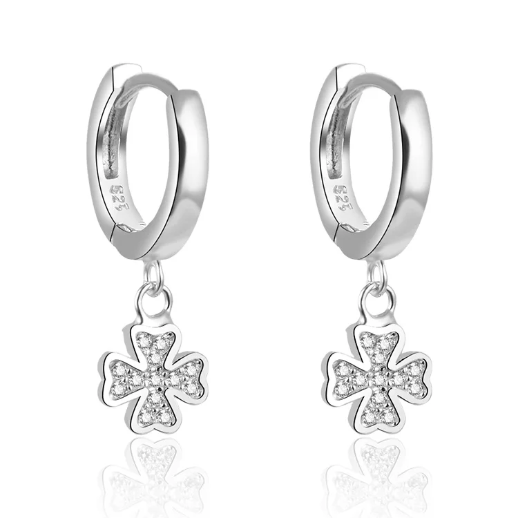 POLIVA rhodium plated four-leaf clover hoop wholesale zirconia 925 silver earrings