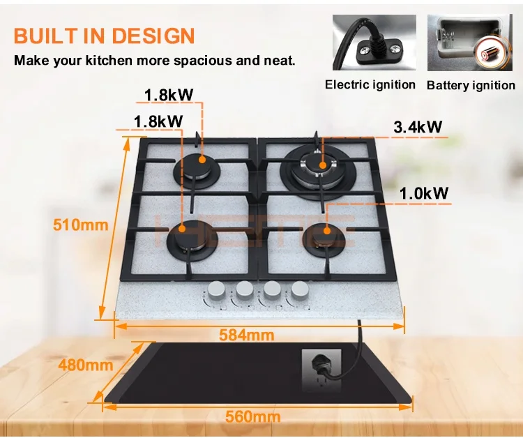 Estufas Empotrables Home Kitchen Appliance 60Cm Glass Gas Burner Built In Cooktop