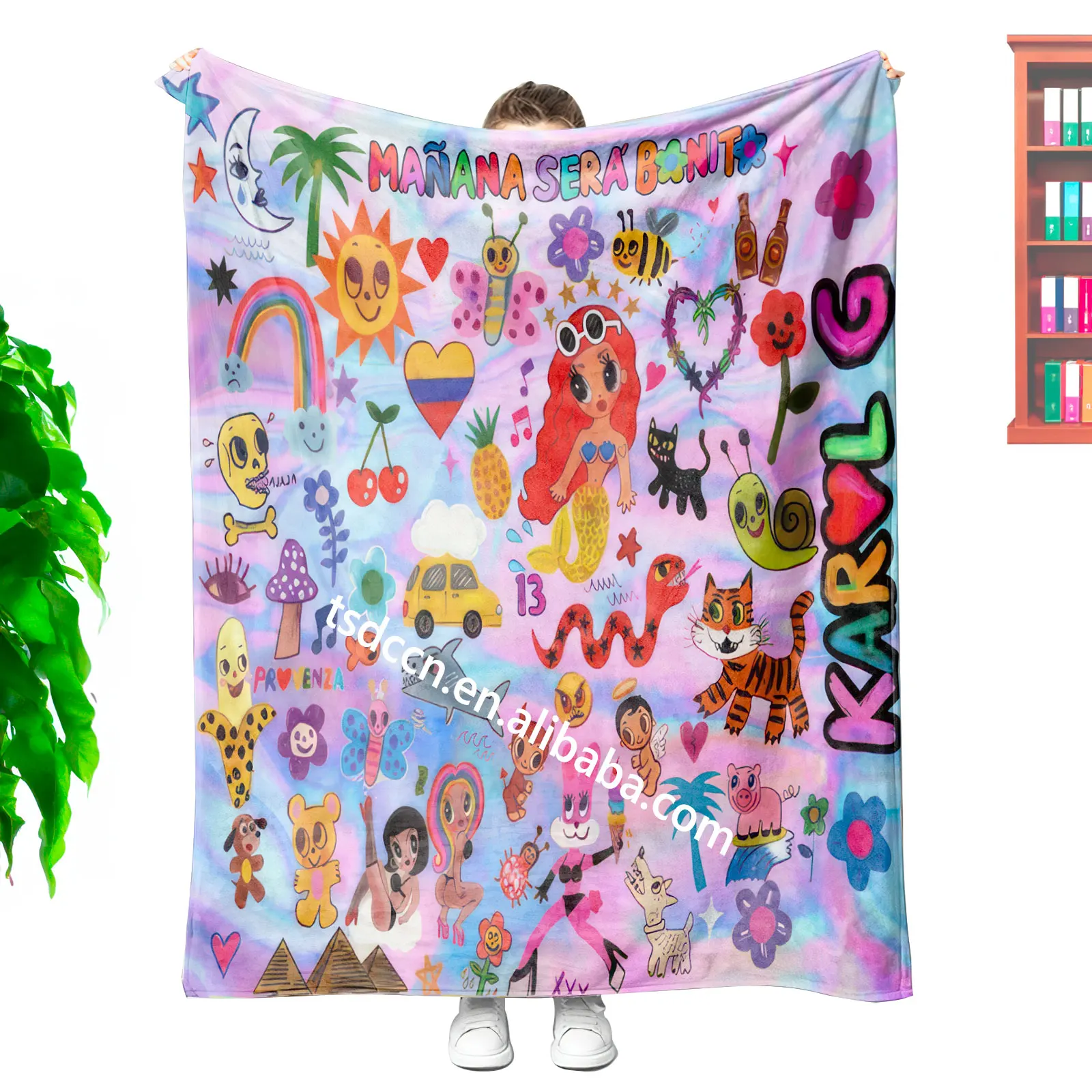 Newest Wholesale custom cartoon new alum karol g peso pluma sublimation printing travel throw blanket