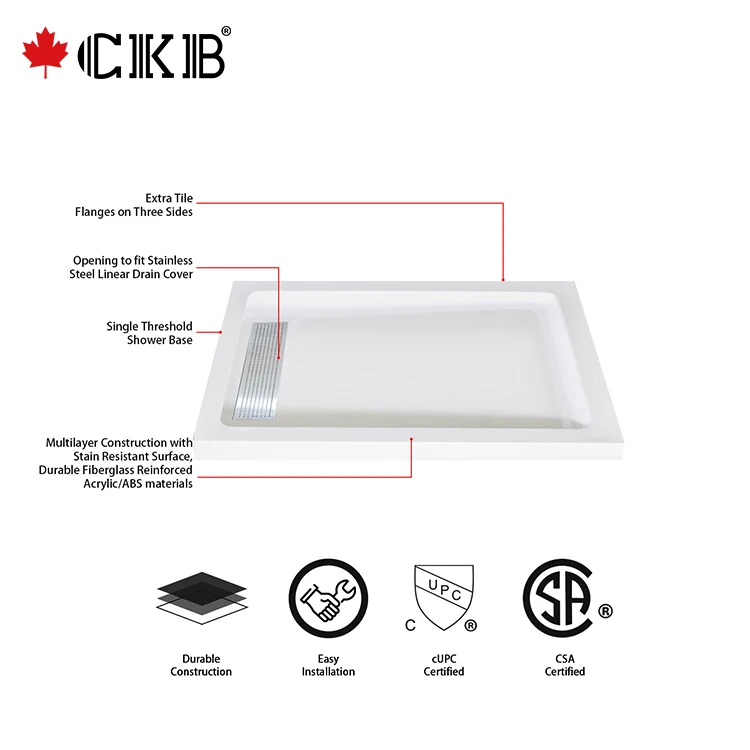 CKB Hotel Villas Apartment Stainless Steel Strain Cover White Rectangle Acrylic Bathroom Shower Base