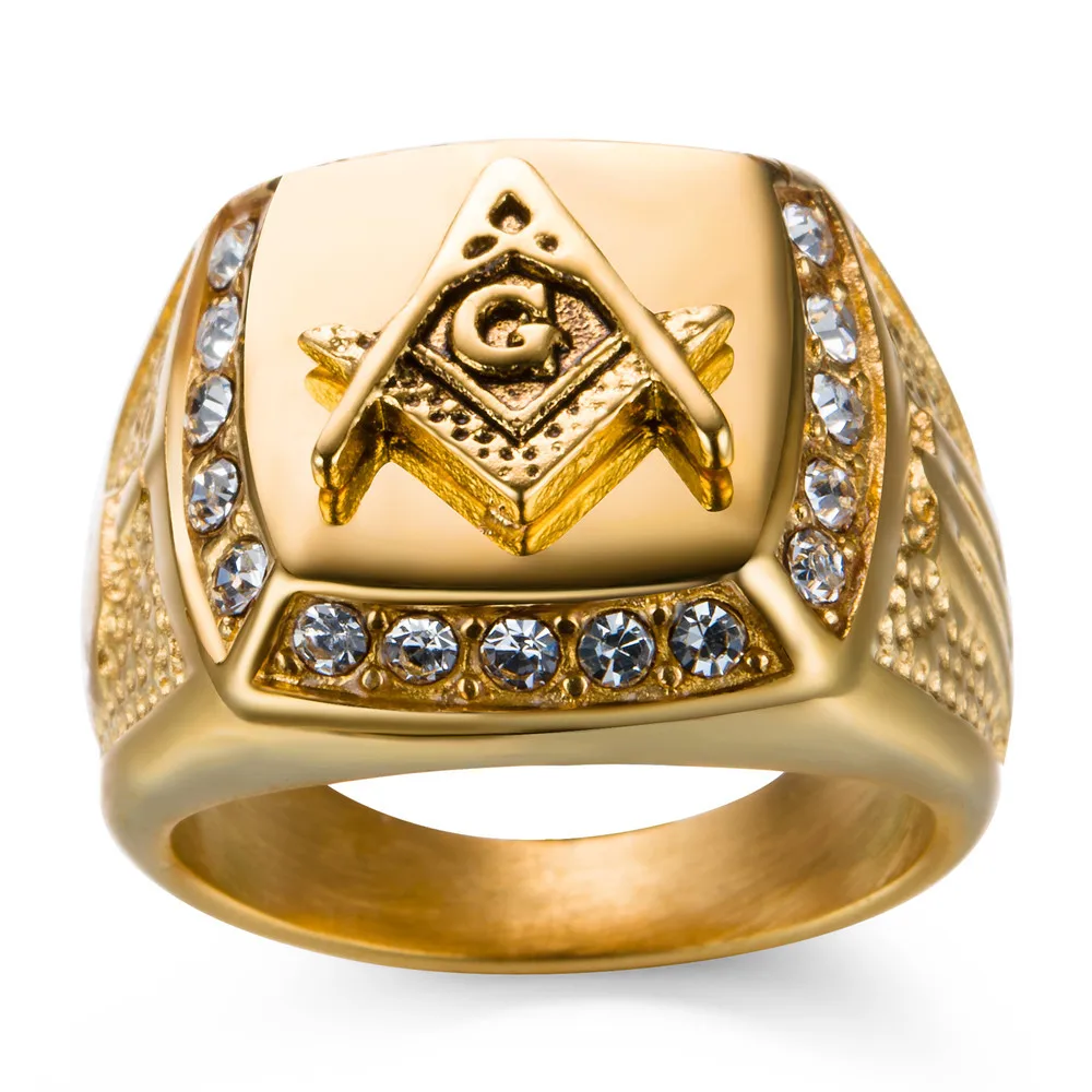 Factory direct sale Master Freemason Masonic Signet Rings Stainless Steel Iced Out Crystal Bling Gold Ring for Men Hip Hop ring