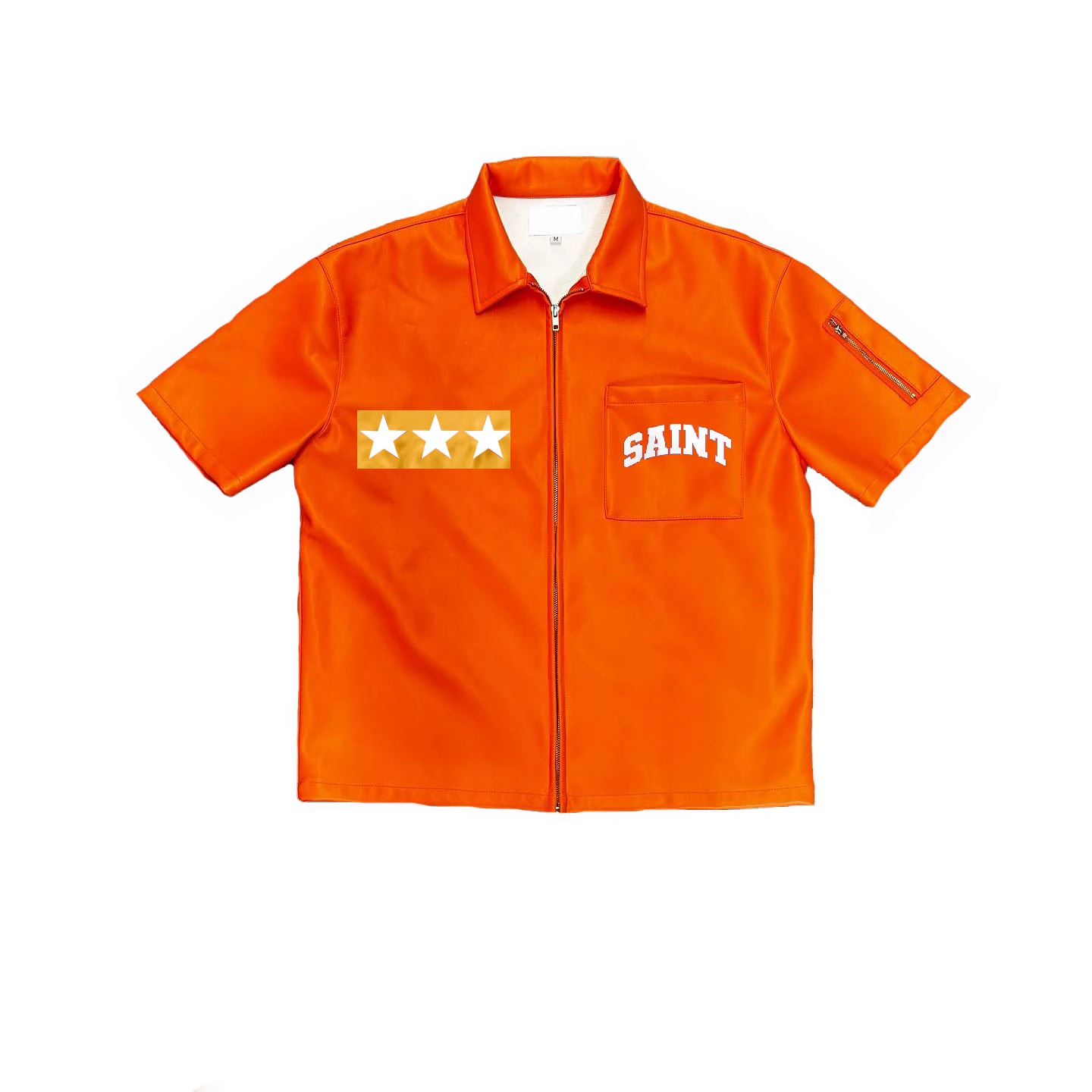 Custom Patch Oversized Short Sleeve Collar Zip Up  Applique Embroidery  With Logo Vintage Boxy Leather T Shirt