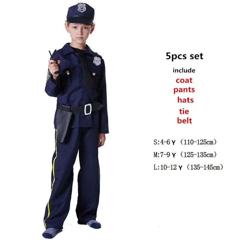 Маскарадный костюм для Хэллоуина Костюм полицейская форма для детей, детские костюмы полицейского для мальчиков милицейские формы одежды, 5 шт./набор, набор