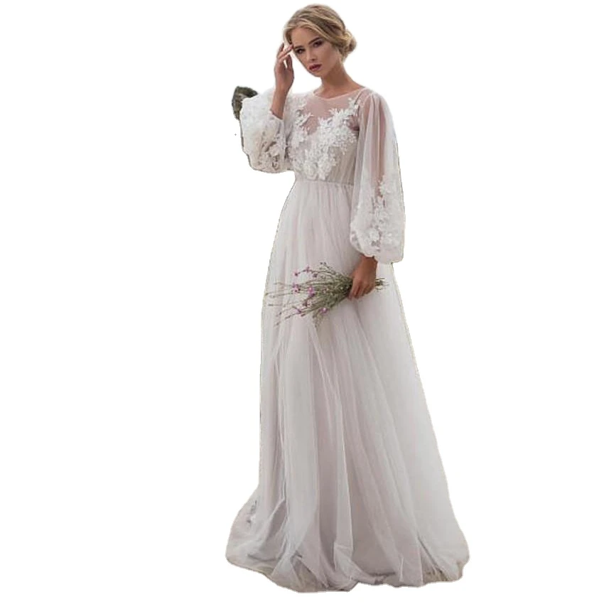 Элегантное женское Сетчатое свадебное платье с длинным рукавом и вышивкой
