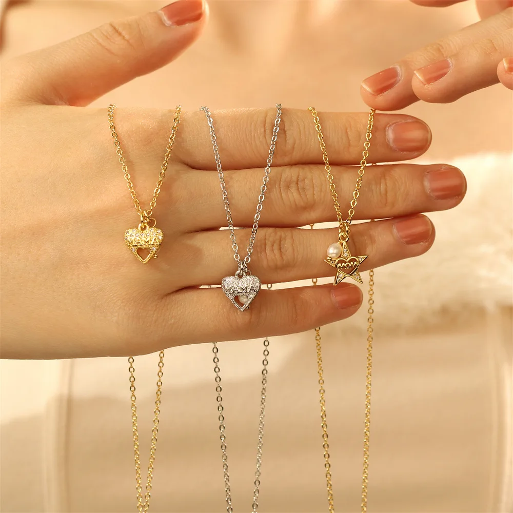 Fashion Natural Freshwater Pearl Diamond Star Necklaces Jewelry Glitter Zircon Hollow Love Heart Pendant Necklace For Mom MAMA
