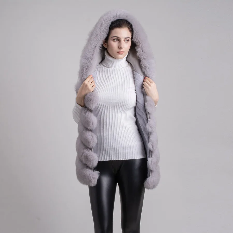 QIUCHEN FREE SHIPPING New arrival full pelt plus size vest high quality thick foxmongolian fur hooded gilet QC8056