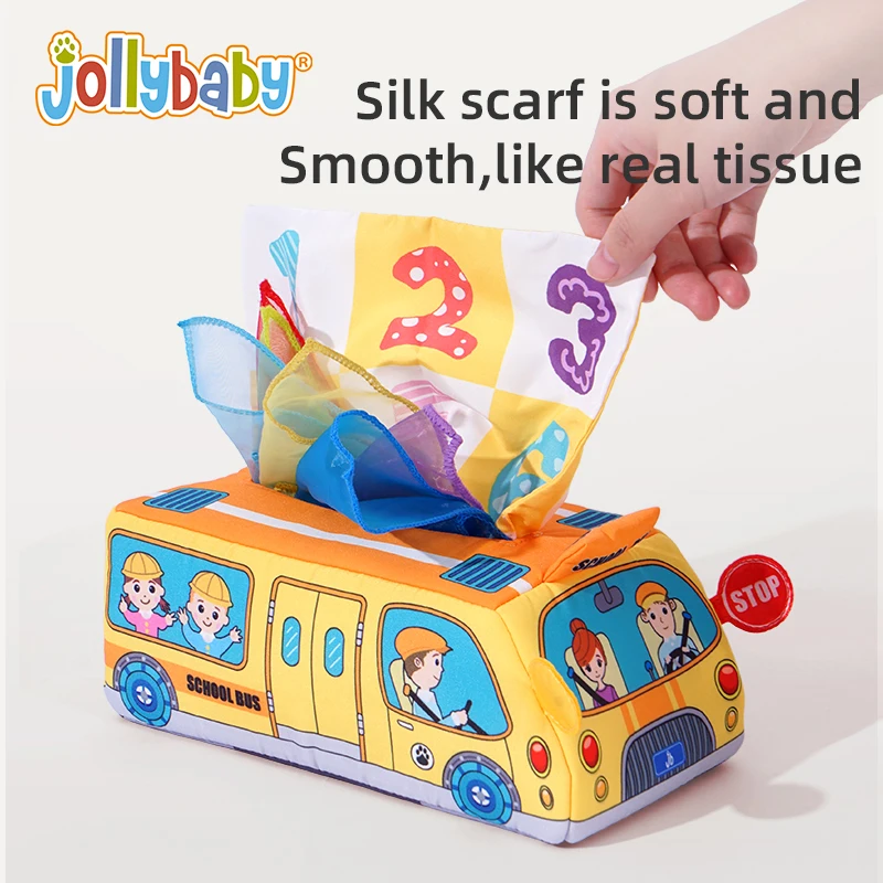 Jollybaby Custom Montessori Toys for Babies Soft Stuffed Crinkle Magic Tissue Box Play Scarves for Babies Sensory Tissue Toys