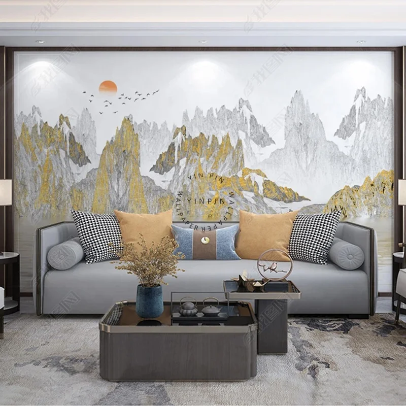 New Chinese abstract gold landscape ink painting vinyl wallpaper