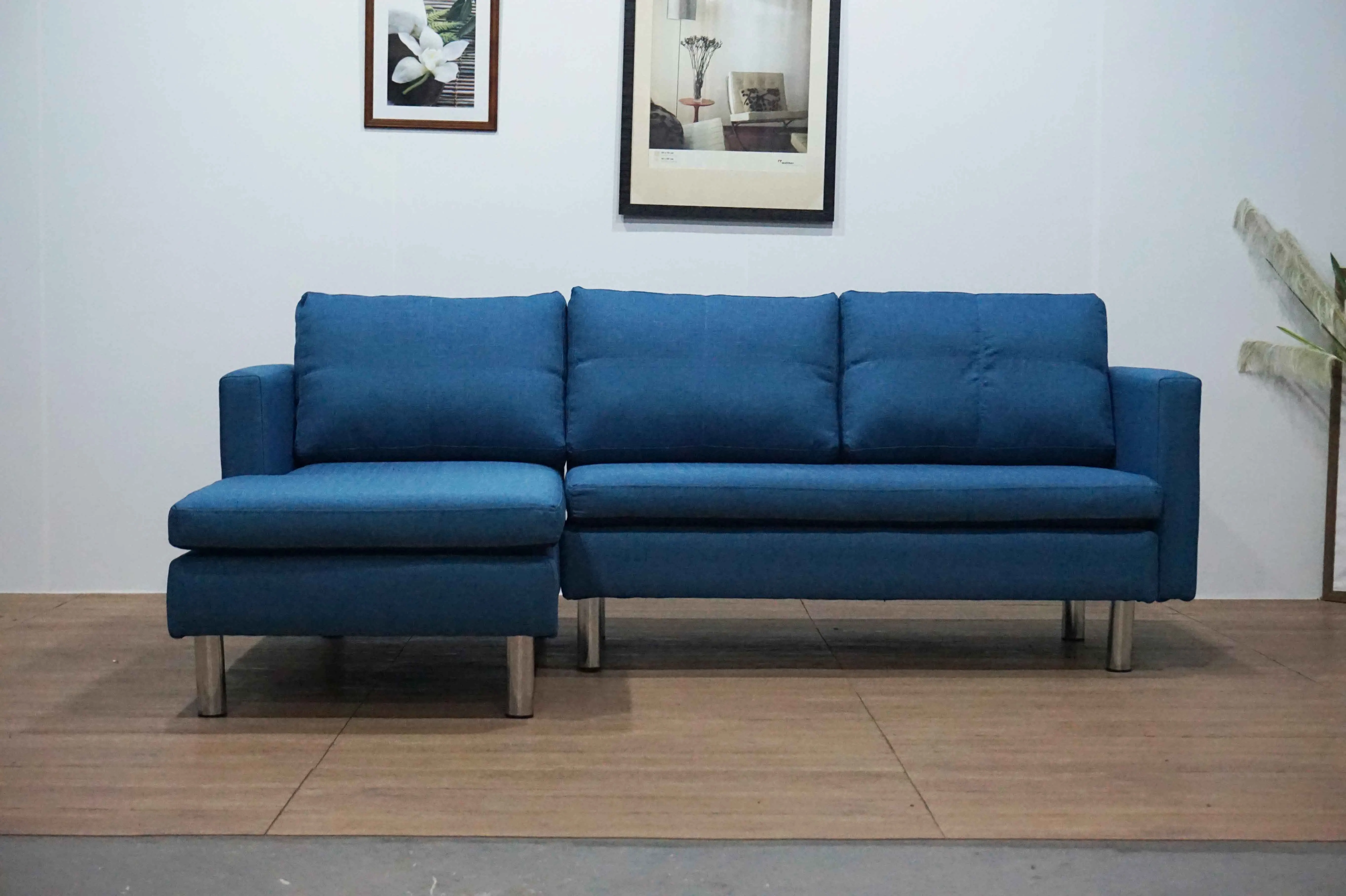 Fashion design wooden frame Double Cushions corner sofa with wooden legs Small Size Fashion L Shape Sofa