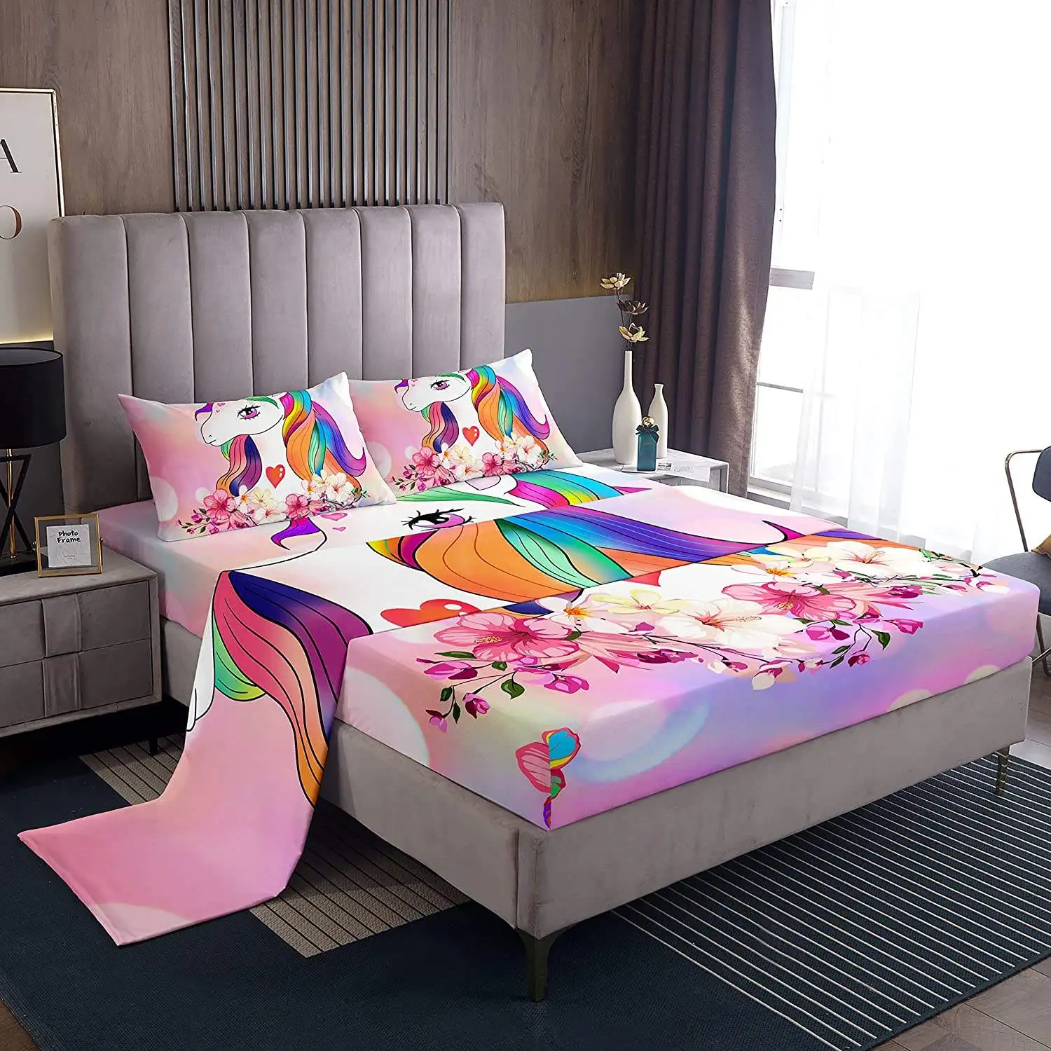 Twin Size 4 Piece Flying Horse Digital Printed Soft Breathable 90 gsm Microfiber Kids Bed Sheet Set