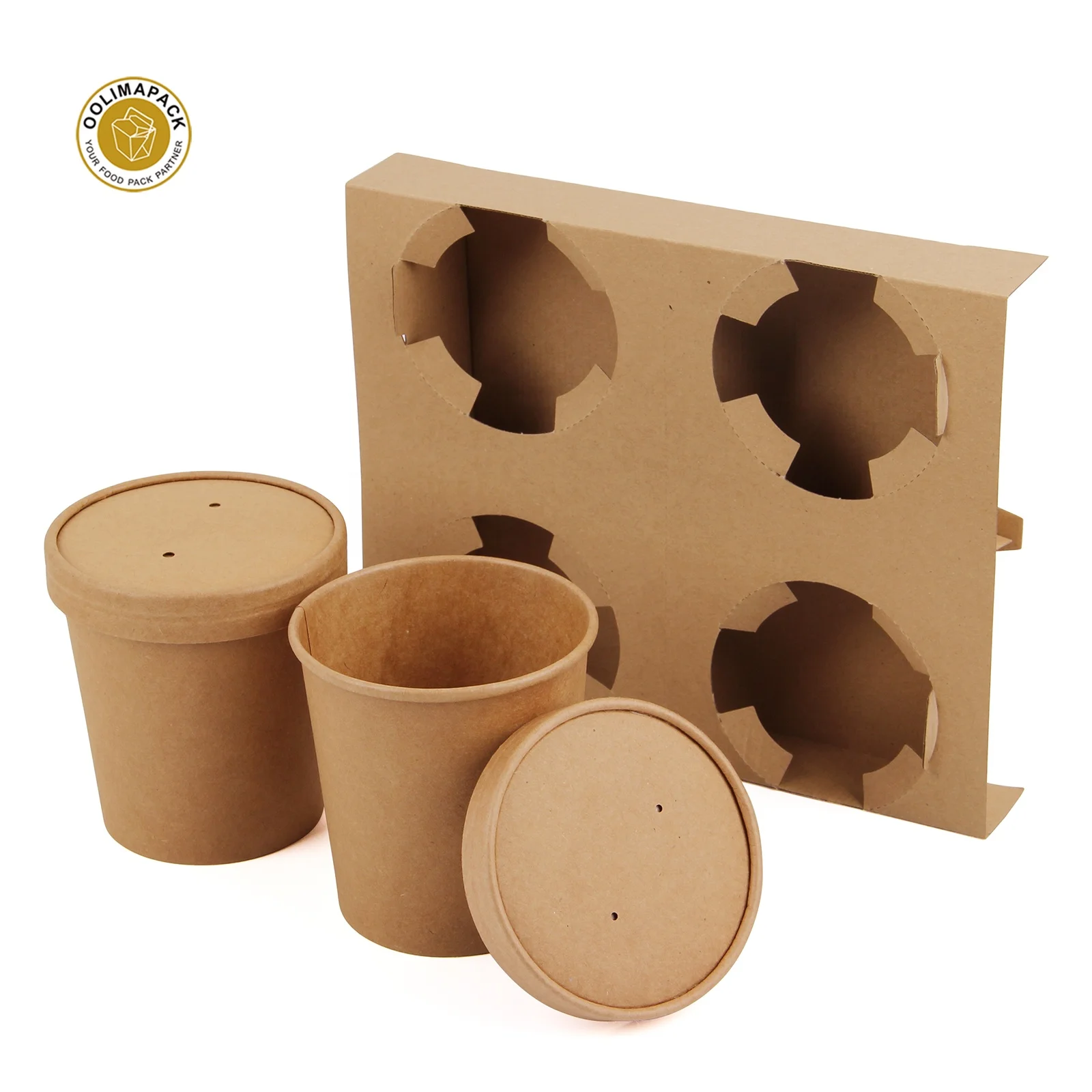 Custom disposable 4 kraft paper corrugated folded tray holder carrier for 8oz 12oz 16oz hot paper soup cup bowl
