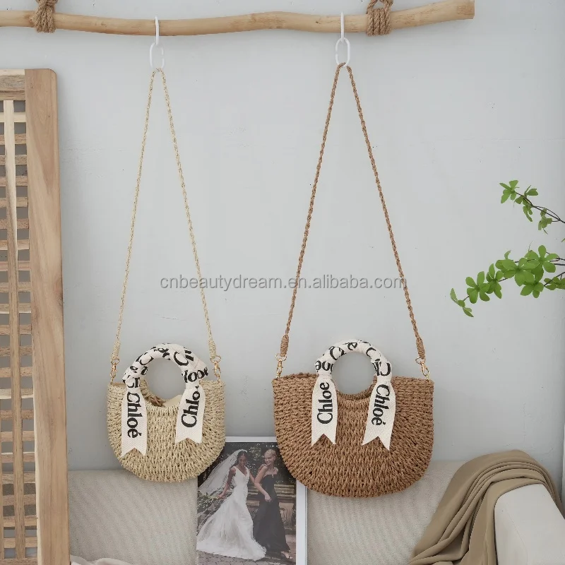 Hot fashion handmade crocheted brown paper straw backpack with cotton rope straps