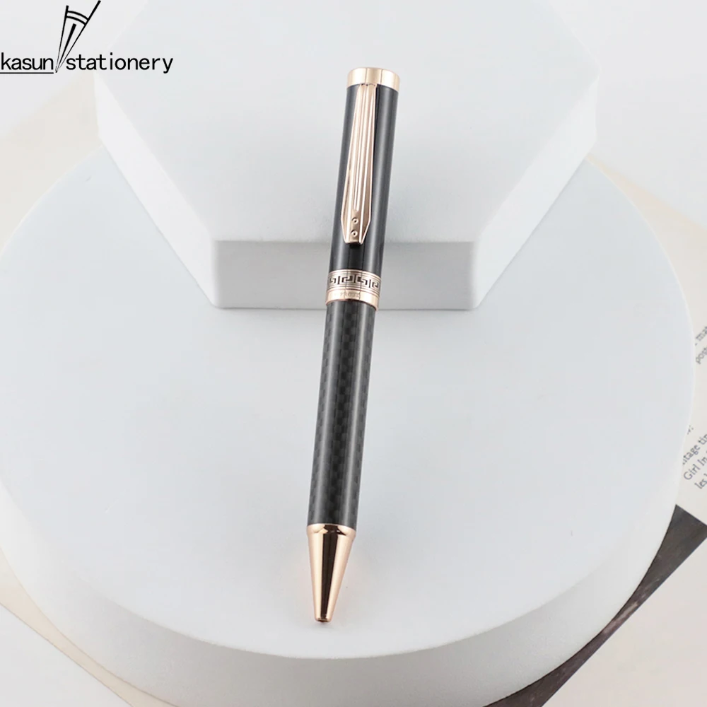 Heavy Luxury Rose Gold Metal Carbon Fiber Ball Point Pens with Engraved Pattern on the Middle For a VIP Gift