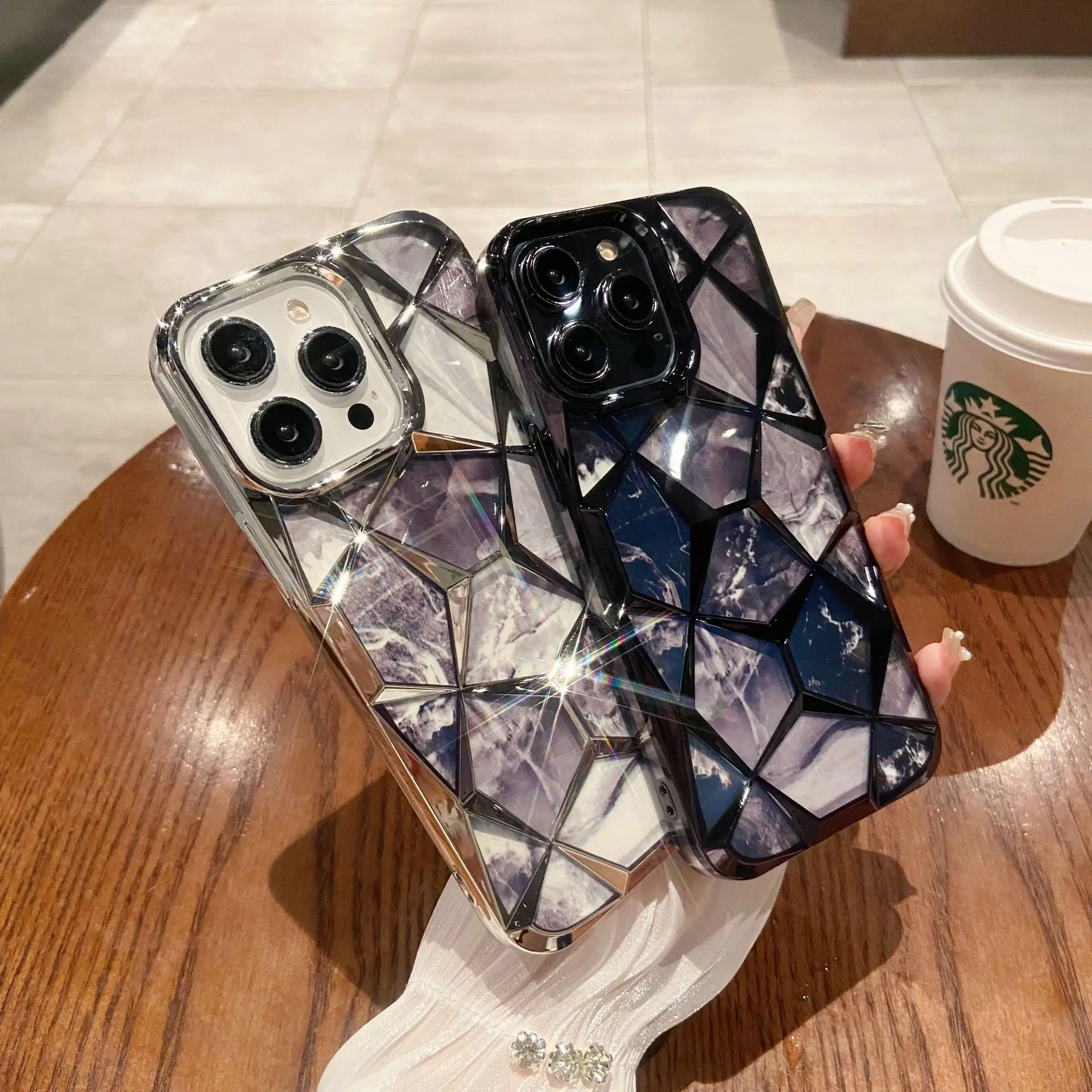 Gradient Glitter Marble Diamond Texture 3D Lattice Phone Case, Plating Soft TPU Cover for iphones 16 15 14 13 12 11 pro max