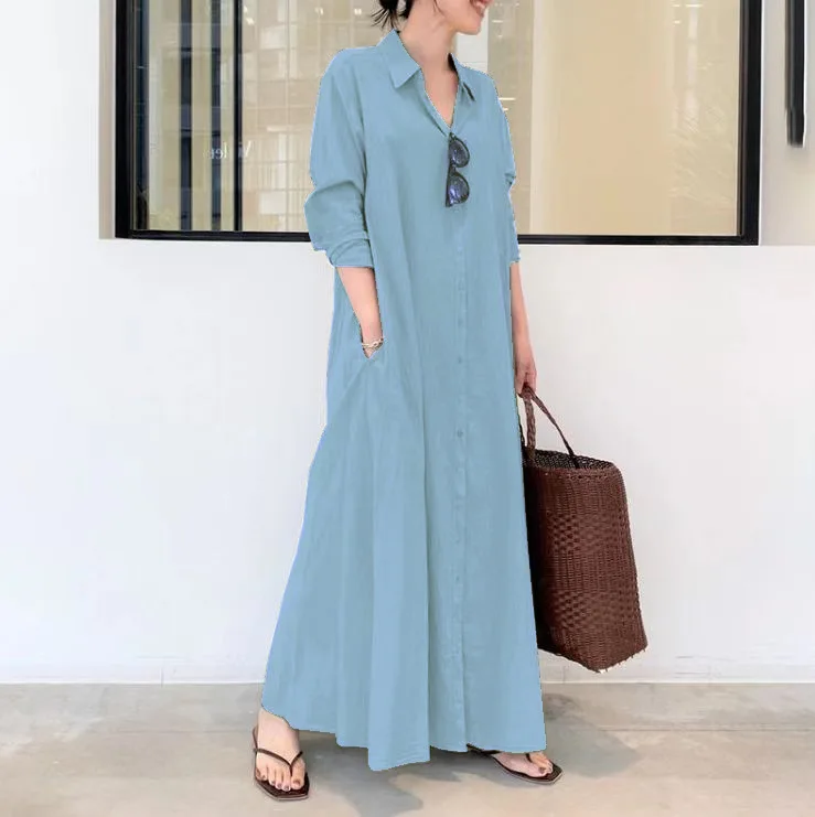 Hot Selling Women Clothing Long Linen Cotton Shirt Dress Casual Dresses