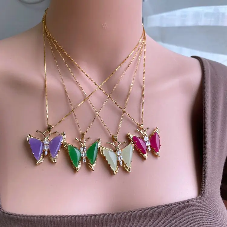 Jialin 2021ins natural 4colors purple jade stone middle butterfly pendant for women girls necklace