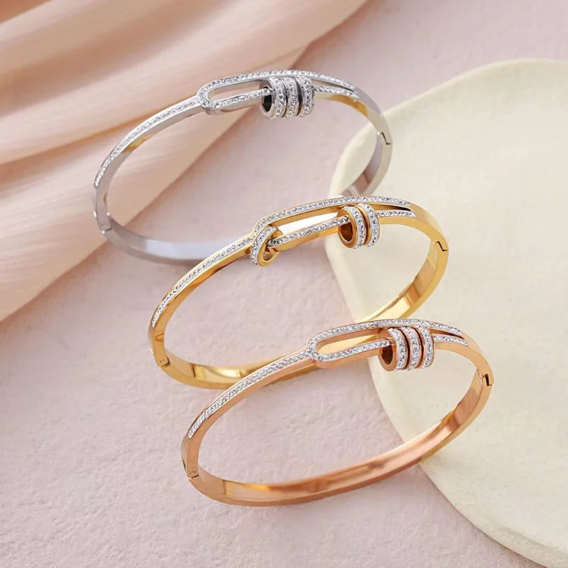 Elegant fashion geometric circle with diamonds titanium steel bracelet high sense of personality with diamonds stripes bracelet