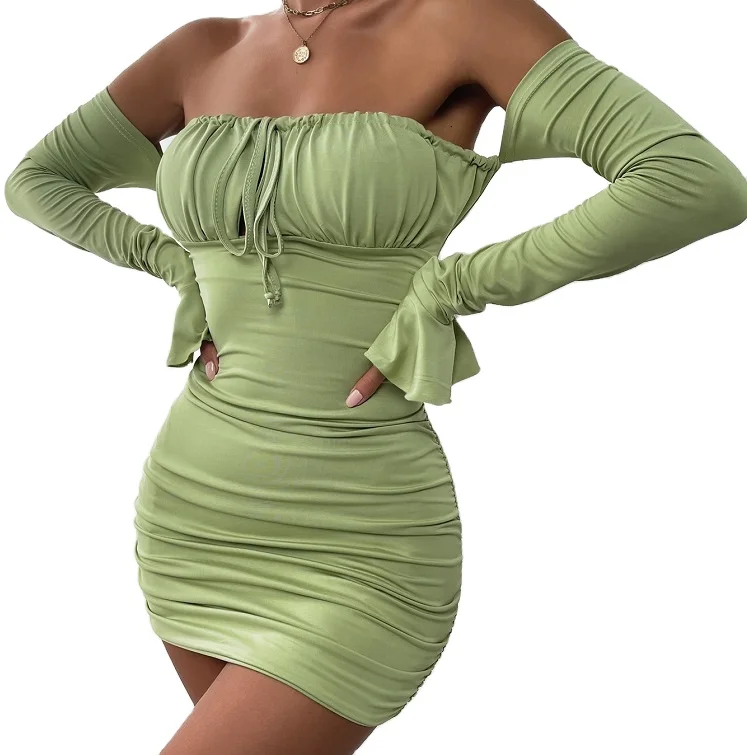 New Fashion Customized Off Shoulder Backless Flounce Sleeve Ruched Bodycon Dress For Women