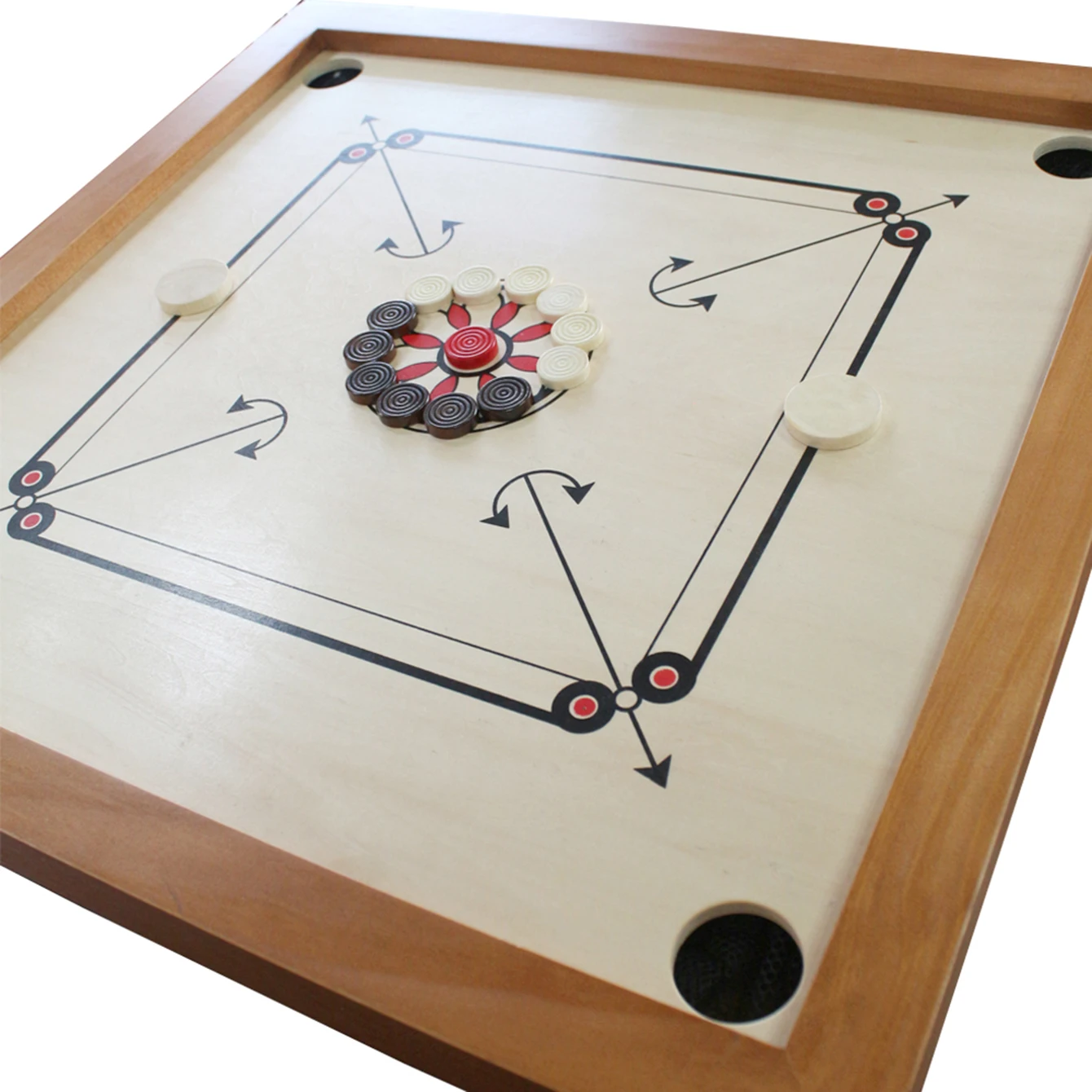 Wooden Carrom and Sling Puck in One Board 4-player game 26 x 26 Inch Strike and Pocket Game with Cue Sticks