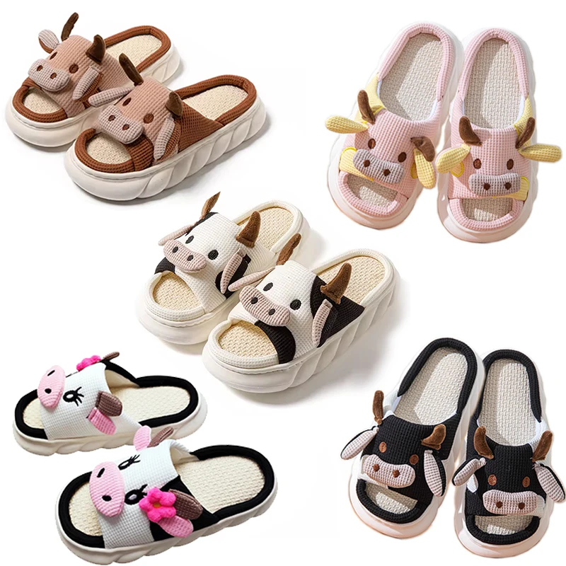 2025 NEW XC Wholesale Stuffed Cozy Cow Slippers Gifts Winter Warm Pig Plush Kids Cartoon Animal Print Cow Home Slippers