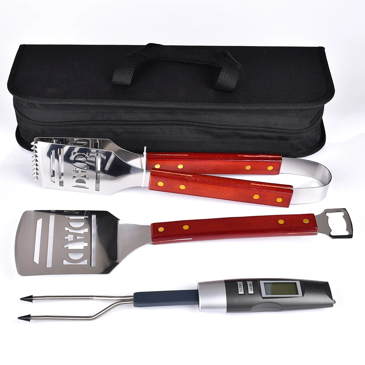 3 Pieces BBQ Tools Set Spatula With Bottle Opener Wood Handle Barbecue Tongs Fork