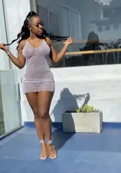 Женское Сетчатое мини-платье со стразами, эластичное облегающее ажурное платье на бретелях с V-образным вырезом для вечеринки в честь Дня Рождения, 2021