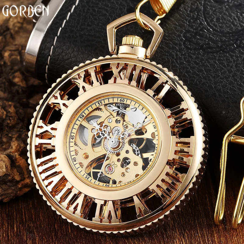 Luxury Gold Hollow Roman Dial Mechanical Watches Steampunk Golden Vintage Hand Wind Mechanical Watch FOB Chain Mens Womens Clock