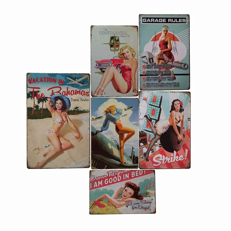 Pin Up Sexy Girl Art Vintage Tin Sign Bar Metal Plate Poster Wall Decor Signs Painting Service Retro Stickers 20*30 CM 30*40CM