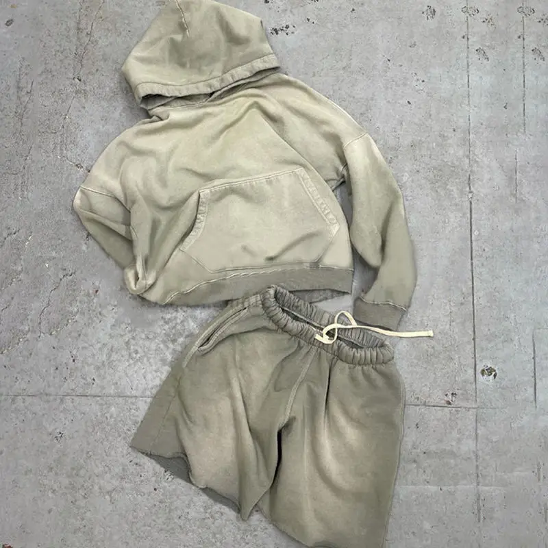 Custom High Quality Plain Fleece Blank Acid Washed Hoodie And Sweat Raw Hem Shorts Sun Faded Two Piece Set Short Tracksuit