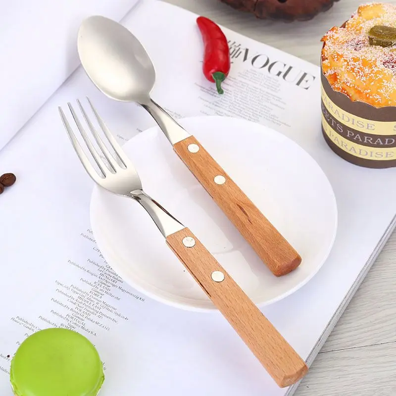 Factory Wholesale Wooden Handle 304 Stainless Steel Cutlery Knife Fork Spoon Silverware Dinner Flatware