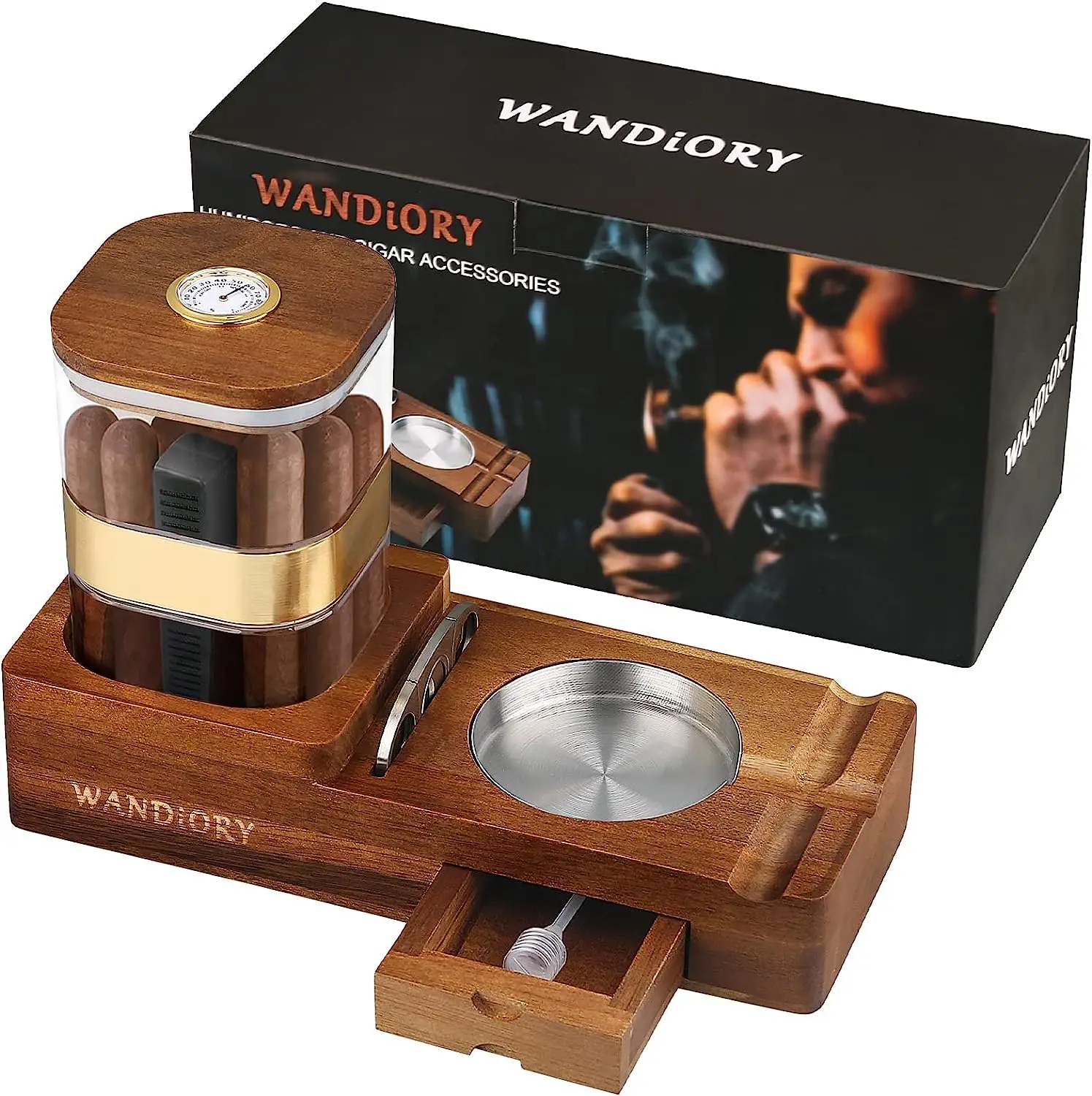 WANDiORY Wood Holds 14-18 Cigars Humidor and Ashtray Set with Cigar Jar Tray Drawer Cigar Slot and Cutter