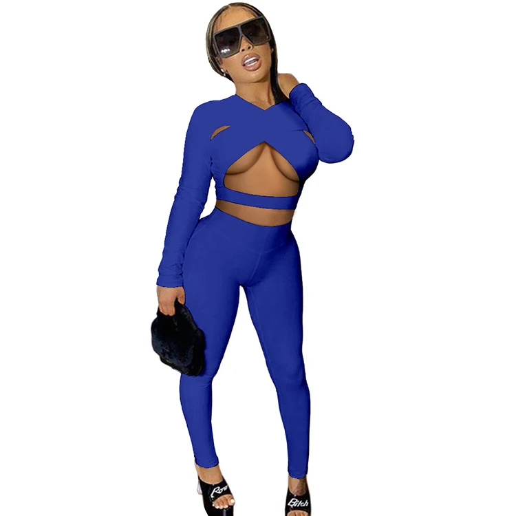 New Trendy women 2 piece outfits Hollow Out Wrap Top Long Sleeve 2 Piece Set Women Long Skin Pants Custom women 2 piece fall set